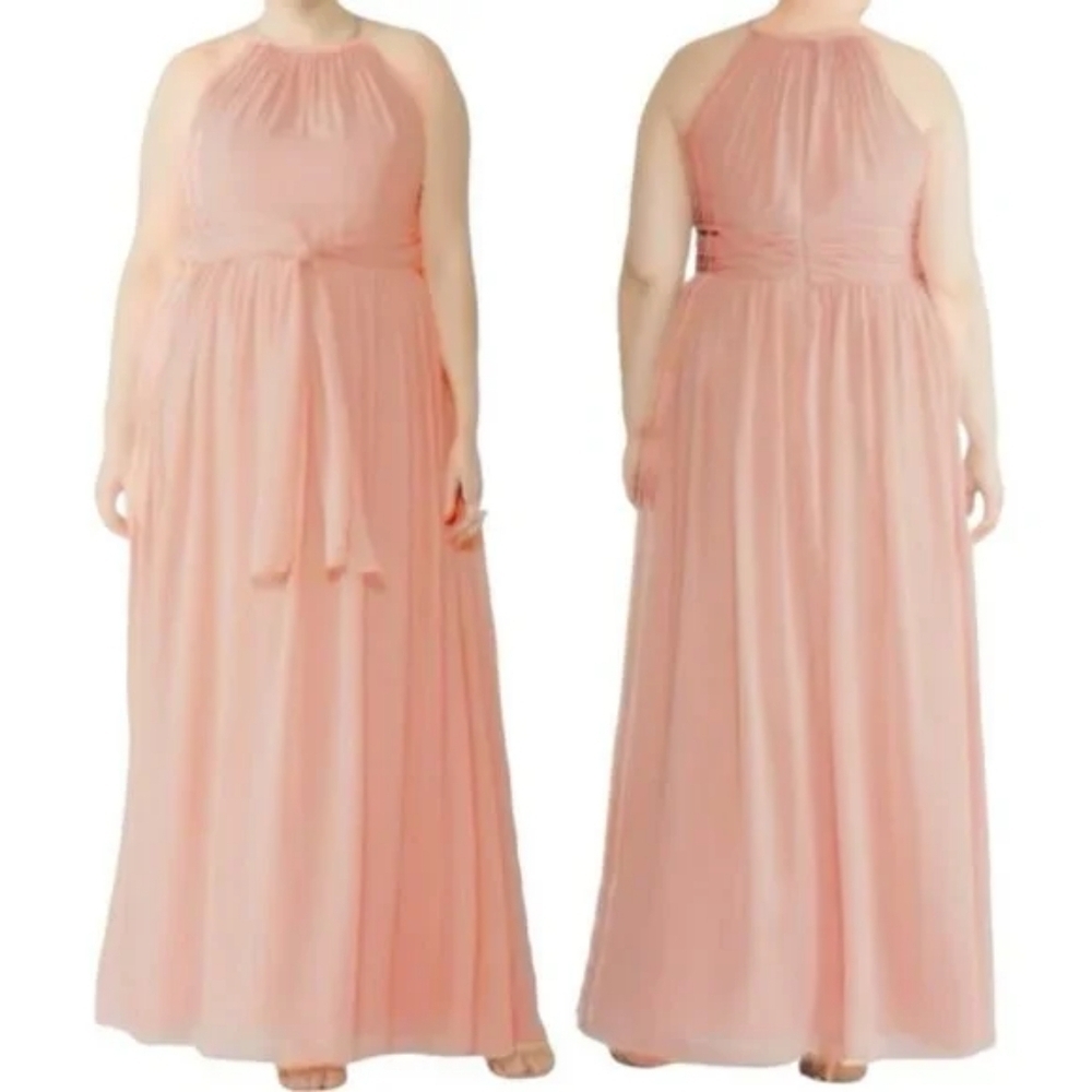 Monique Lhuillier Daniela Gown Halter Bridesmaid Pink Rose Blush Size 18 Formal